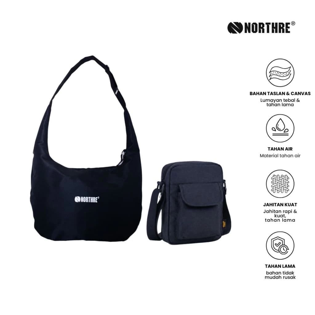 NORTHRE Sling Bag Multi Pocket - Taslan Simple Black Minimalis